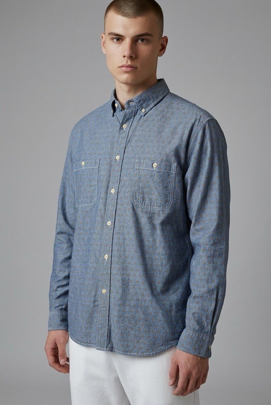 Merona Men's Long Sleeve Button Down Shirt Paisley Size L Pockets Denin